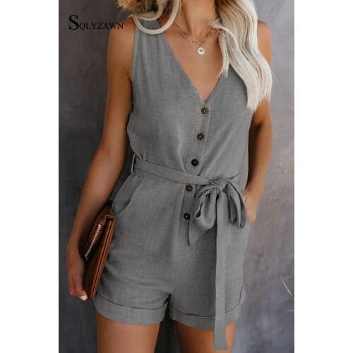 Women Summer Fashion Casual Jumpsuit Solid Color Off Shoulder Belted Sleeveles V-neck Elegant Short Jumpsuit Overalls for Women