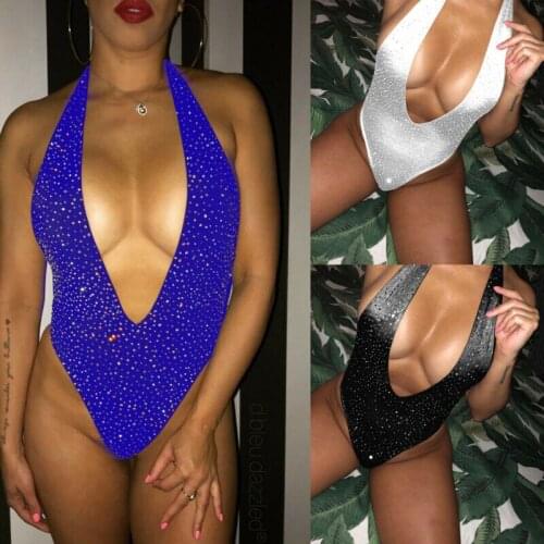 Womens Sexy Deep V-neck Sequin Romper Bodysuit Jumpsuit Playsuit Tops US Stock