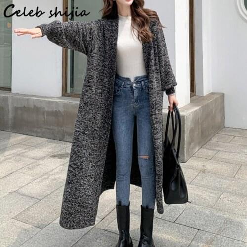 SHIAJIA Wool Long Cardigan Women Soft Autumn Winter 2021 Pocket Gray Chic Sweater Oversized Cardigan Fall New Knitted Coat