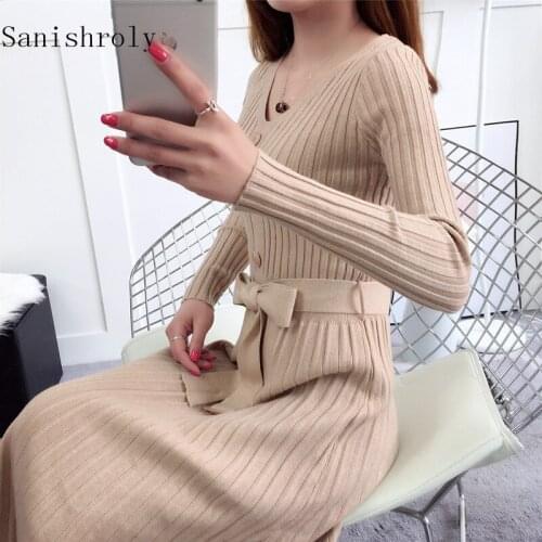 Sanishroly Autumn Winter Women V-Neck Sweater Dress Tie Bow Sashes Knitted Dresses Ladies Midi Long Pleated Dress Vestidos SE241