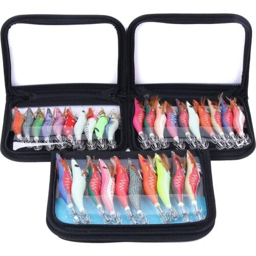 10Pcs Fishing Lure Set 13.5CM 22G Squid Jigs 3.5# Hook Wooden Shrimp Artificial Fishing Lures Shrimp Fishing Bait with Bag