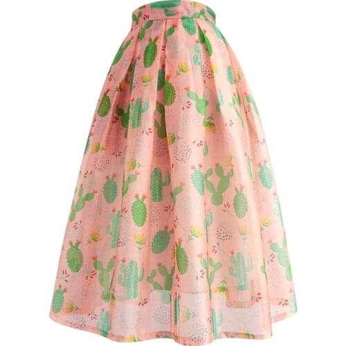 2021 summer vintage Organza printed ball gown skirt women high waist sweet umbrella skirt plus size