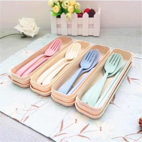 3Pcs/Set Travel Cutlery Portable Cutlery Box Japan Style Wheat Straw Chopsticks Fork Spoon Student Dinnerware Sets Tableware