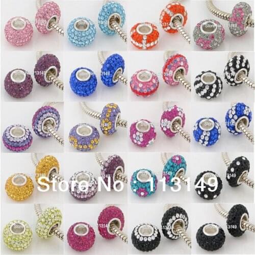 50pcs/lot Czech Rhinestone Crystal Pave 925 Stamped Authentic Sterling Silver European Beads Large Hole Charms Spacers BSCS-M3