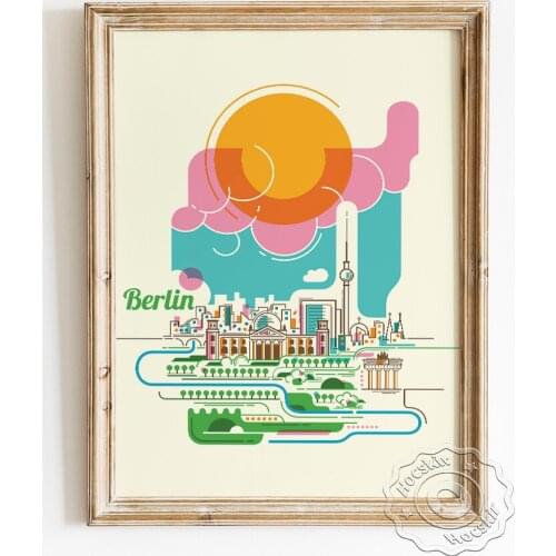 Bauhaus Design Style Poster, Germany Berlin Travel Minimalism Art Prints, Skyline Art Scenery Illustrations Wall Picture Decor