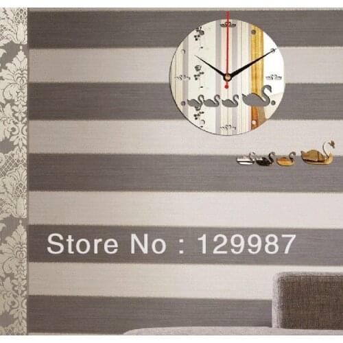Free shipping NEW arrive DIY swan and round acrylic wall clock, Fashinal mirror sticker , 3D mirror clock