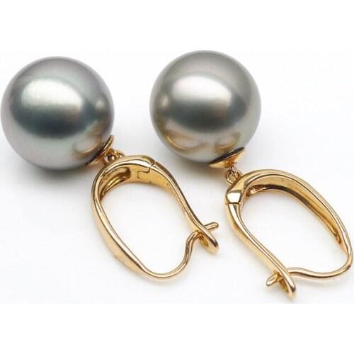 Free Shipping Luminous AAA 10.8MM Genuine Tahitian Gray Pearl Drop Earrings 18K Rose Gold