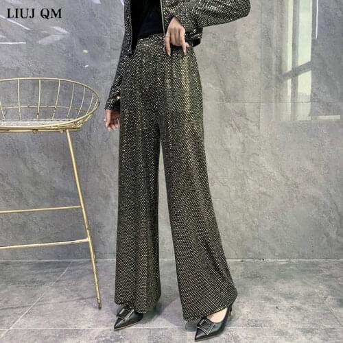 Draping Sequin Party Wide-leg Pants Womens Autumn 2021 New Elastic High Waist Trousers Plus Size Loose Casual Pants Women Trend