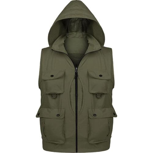 Quick-dry Hooded Fishing Photography Vest Men Removable Back V-neck Multi-bag Waistcoat Mountaineering Drifting Reporter Jackets