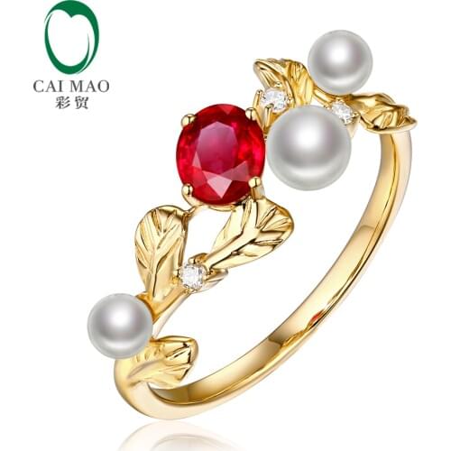 Caimao 14k Gold Natural 0.44ct Ruby with Pearl Diamond Vintage Design Engagement Wedding Ring