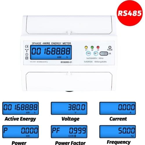 Din Rail Electric Three Phase Energy Meter RS485 kWh Consumption Power Voltage Current Wattmeter Monitor Modbus-RTU 380V 400V