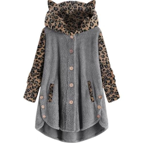 80%HOTWomen Hoodie Ears Leopard Patchwork Autumn Winter Single-breasted Irregular Plush Coat Streetwear
