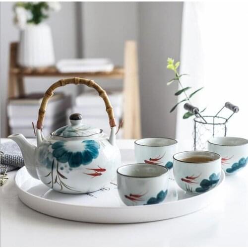 Kung Fu Ceramic Goldfish Tea Pot Tea Cup Set Water Cup Lotus Design Japanese Underglaze Tea Kettle Teaware Set (4 Cups+1 Teapot)