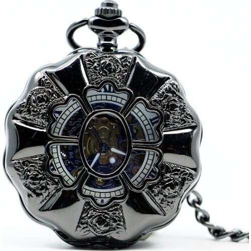 Cool Black Roman Numerals Case Hand Wind Mechanical Pocket Watch Skeleton Gears Mens Pocket Watch relogio de bolso