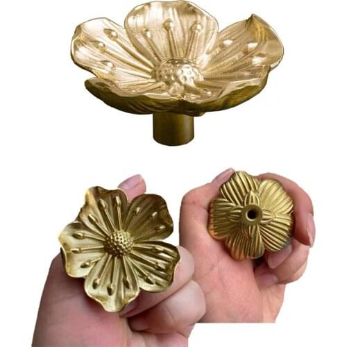 Flower Shape Furniture Cabinet Handles Golden Door Knob Cupboard Drawer Pulls Solid Brass For Home Renovation And Improvement