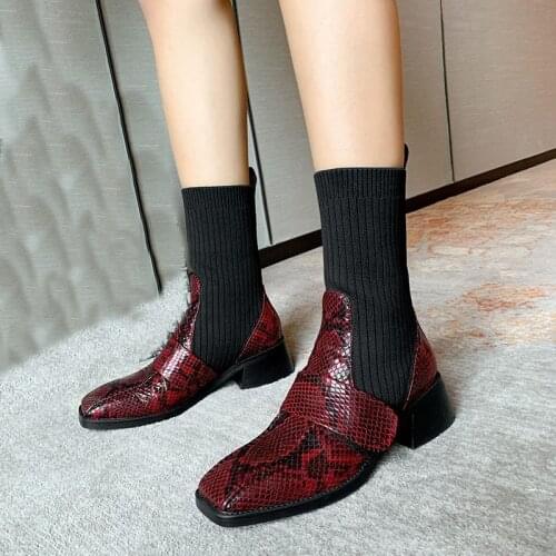 Fashion Patchwork Square Toe Sock Boots Medium Block Heel Casual Street Women Shoes Spirng Strap Popular Booties Strech Fabric