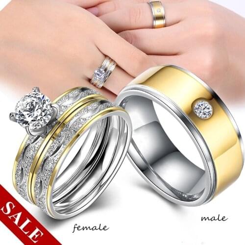 Couple Rings Trendy Women White Crystal CZ Rings Set Simple Stainless Steel Men Ring Wedding Jewelry Gifts For Lover