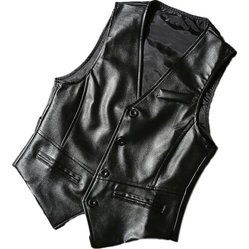Idopy Men Vest Black Business Classic Waistcoat Male Faux Leather Fashion Solid Biker Sleeveless Jacket