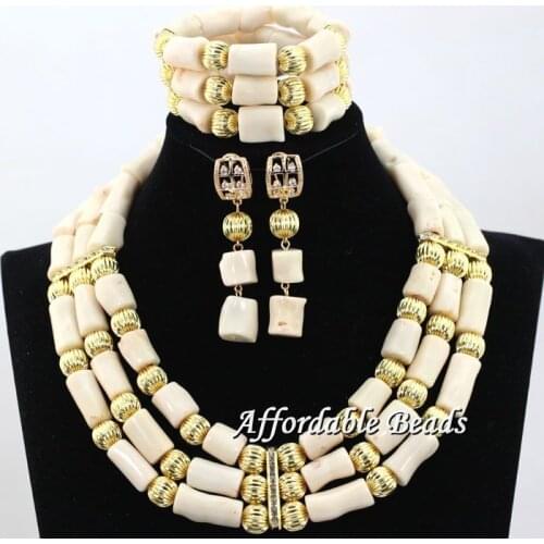 Cream Womens Coral Nigerian African Bridal Wedding Jewelry Set Beaded Party Costume Jewelry Sets hx118