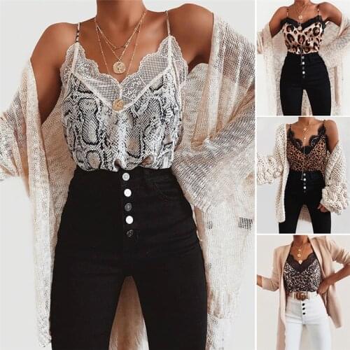 New Fashion Sexy Womens Summer Tanks Tops Cami Camisole Lace Leopard Snake Print Patchwork Female Top Streetwear Clothing