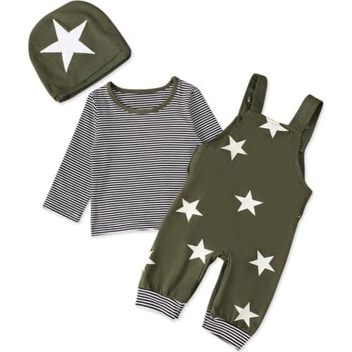 Baby Boys Autumn Outfit Sets Long Sleeve Stripe Top + Five-Pointed Star Print Button Suspender Pants + Hat