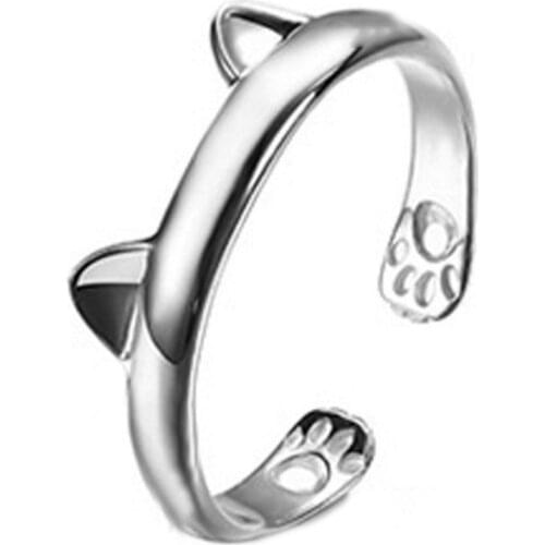 Silver Plated Cat Ear Ring Design Cute Fashion Jewelry Cat Ring for Women and Girl Gifts Adjustable Charms