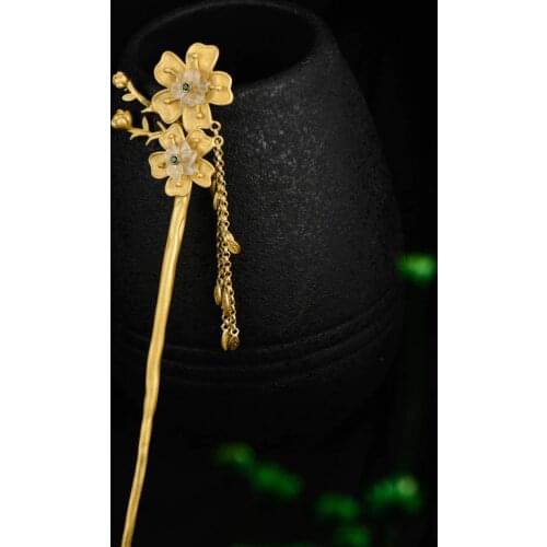 Gold Plated 925 Sterling Silver Hair Stick Crystal Cherry Blossoms Flower Tassel Hairpin Luxury Jewelry
