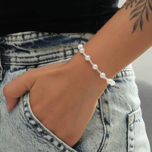 Simple Fashion Ladies White Simulated Pearl Glass Beads Handmade Beaded Strand Bracelets For Women Girls Gifts Party Jewelry