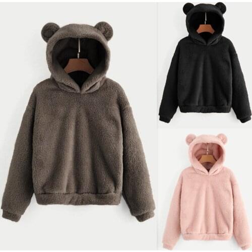Fluffy Hoodies Women Kawaii Sweatshirt Cute Bear Ear Cap Autumn Winter Warm Pullover Long Sleeve Outwear Fleece Coat 2021 New#g3