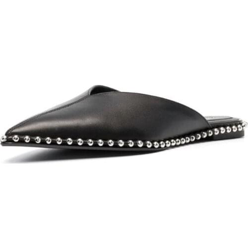 MKKHOU Fashion Sandals Womens New Simple Black Pointed Shallow Mouth Rivet Flats Ladies All-match Leather Slippers Large Size