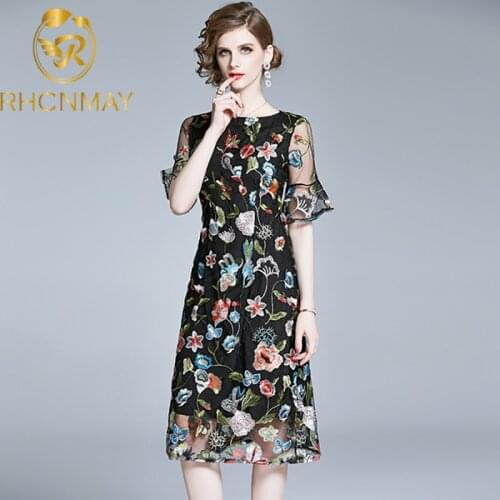 Sexy Mesh Women Summer Dress 2020 Embroidered Floral O-neck Work Casual Dress Vintage Half Sleeve Female Vestidos
