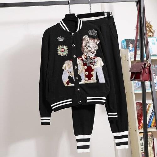 Embroidery Beaded Leisure Sports Hoodie Coat +Casual Pants Two Piece Sets Womens Clothing Comfortable Activitywear knited Suit