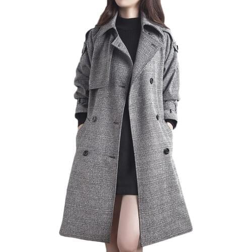 2021 Autumn New Plus Size Windbreaker Coat Women Korean Long Slim Plaid Trench Coat Womens Casual Double-breasted Overcoat E057