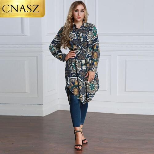 2019 Fashion Muslim clothing long sleeve print shirts blouse for women Pakistan Blouse split Hem Tops