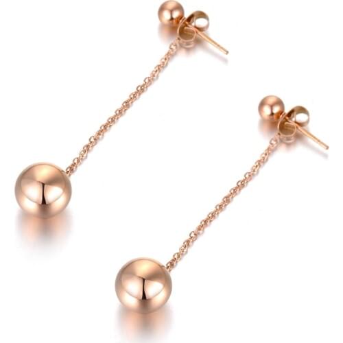 JeeMango Trendy Rose Gold Color Double Round Beads Long Tassel Earrings For Women Titanium Steel Party Earrings Jewelry E18036