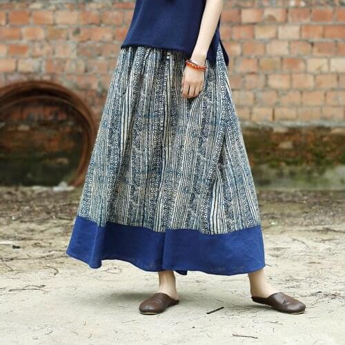 Women Loose Patchwork Linen Skirts Ladies Elastic Waist Spliced Skirt Female Flax Summer Skirts 2021