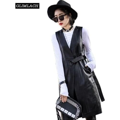 Women Black Genuine Leather Vest Jackets 2019 Summer Fashion Belt Slim Real Lambskin Leather Long Trench Coat Streetwear Ladies