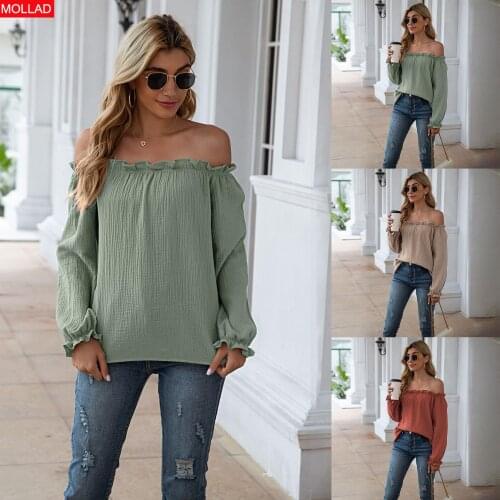 2021 Spring and Autumn European and American New Womens off-Shoulder Long Sleeve Solid Color Top
