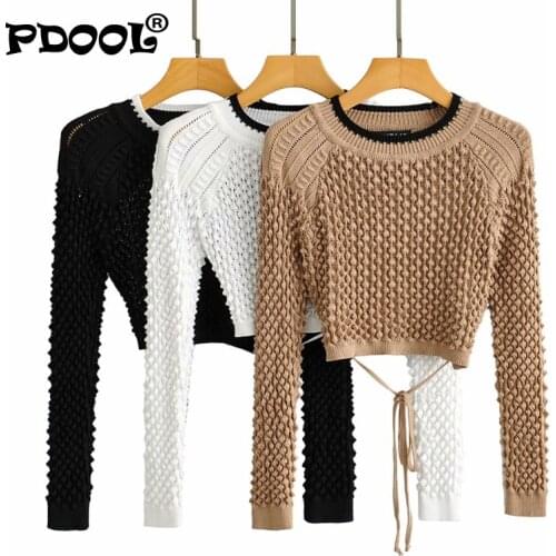 2021 Crochet Long-sleeve O-Neck Knit Women Sweater Pullover Early Spring New Womens Backless Tops Pullover Streetwear