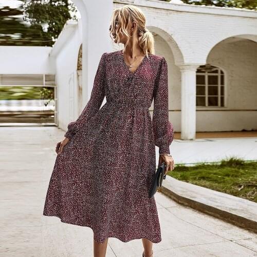 Autumn Long Sleeve Elegant Floral Dresses High Waist V-neck Slimming Robe Ladies Aesthetic Dress Party Club Vestidos Streetwear
