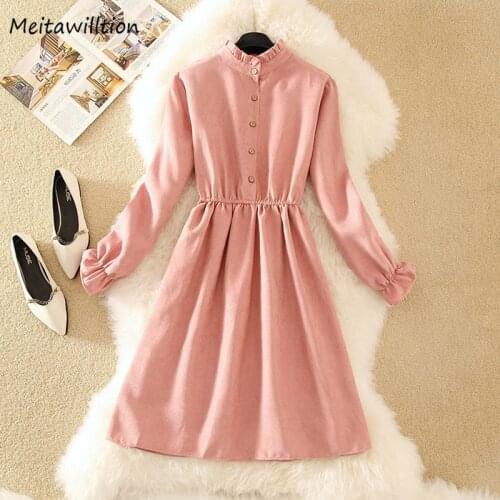 Autumn Winter Women Office Dress Lady Retro Corduroy Dress 2020 Casual Long Sleeve Button Midi Dress Elegant Party Dresses