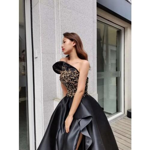 Black Gowns Fashion Ladies High Split Eveningdress Luxury Host Dress