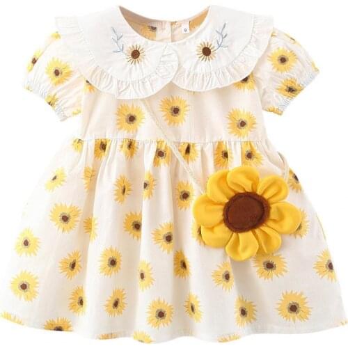 Kids Girl Summer Dress Short Sleeve Turn Down Collar Buttons Sunflower Print Dress with Bag for Party