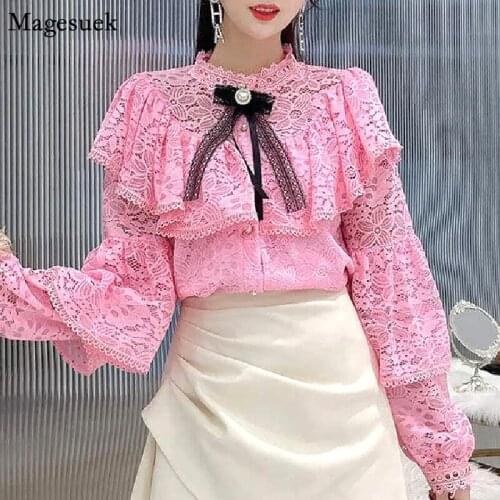 Elegant Ruffles Lace Shirt Women Tops Autumn Sexy Lace Button Vintage Women Blouse Lantern Sleeve Tops Chemisier Femme New 12262
