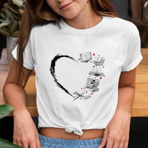 Heart with Books Print Women Aesthetic Harajuku T-shirt School Reading Casual Short Sleeve Streetwear T Shirts Female Tops Tees