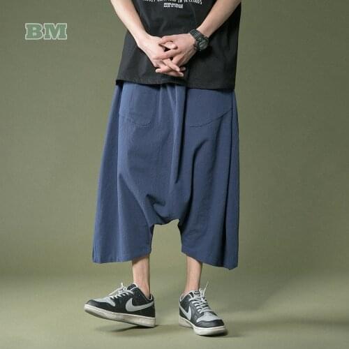 Chinoiserie Cotton Linen Loose Plus Size Baggy Crotch Pants 2021 Summer Japanese Harajuku Casual Cropped Trousers Men Clothing