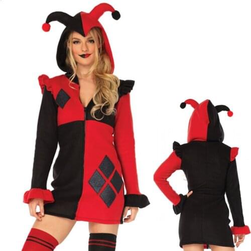 Adult Purim Halloween Cosplay Funny Circus Clown Costume Red Black Patchwork Dress Fancy Party Performance Uniforms