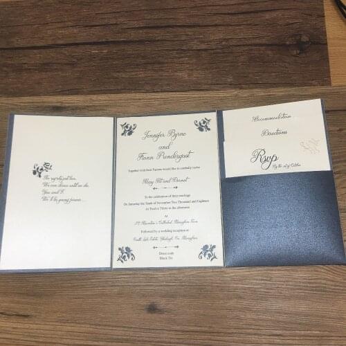 Newest fancy black paper elegant pocket tri folds wedding invitation card with pocket and small printing cards