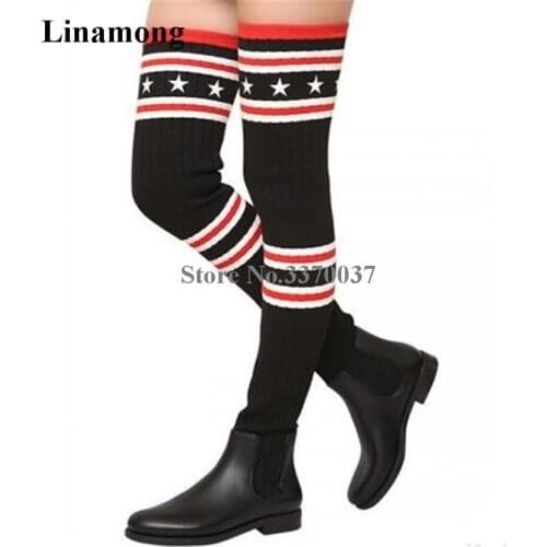 New Fashion Women Round Toe Over Knee Stripes Knitted Boots Sexy Bandage Low Heel Socks Thigh Long Boots Elastic Boots