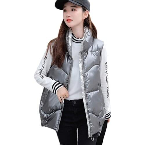 Autumn Winter Jacket Womens Clothing Shiny Down Cotton Vest Coat 2021 New Korean Loose Sleeveless Waistcoat Student Overcoat